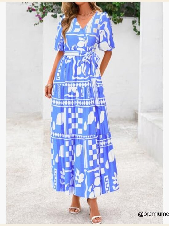 Summer Maxi Dress Boho Floral V Neck Puff Sleeve Ruffle Beach Resort - Picture 5 of 7